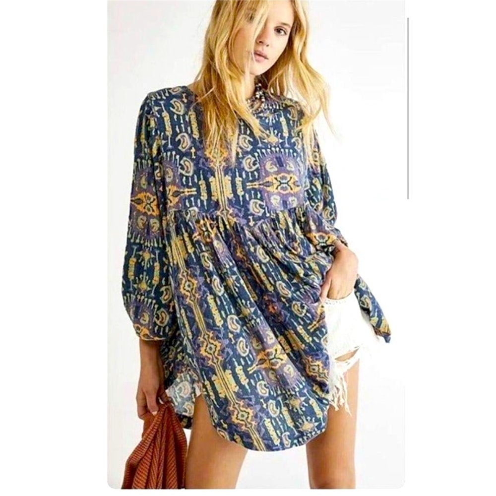 Free People Oversized Boho Printed Tunic Dolman Sleeves Buttoned Back Size Small